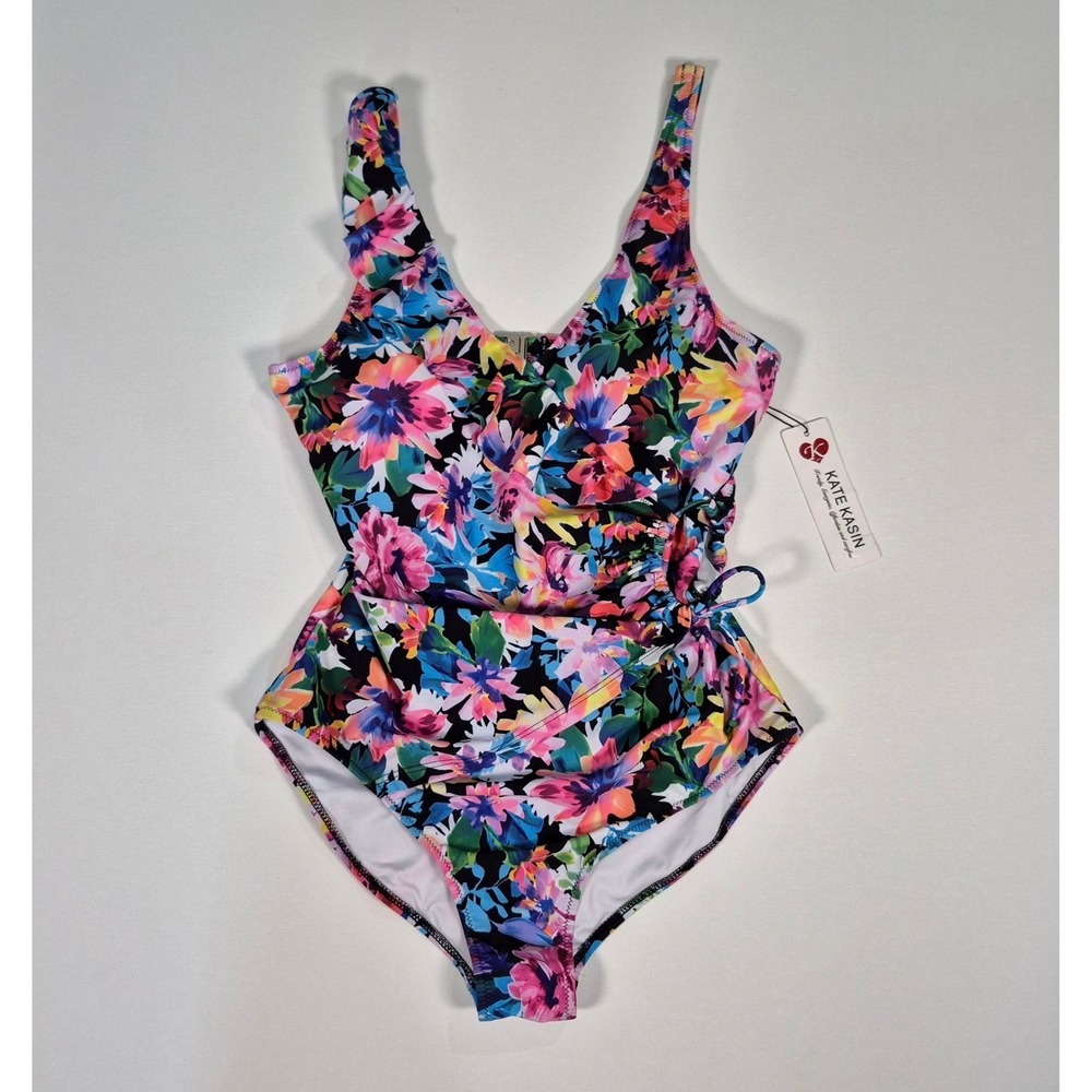 Kate Kasin Floral Ruffle V-Neck One Piece Swimsuit Medium NWT